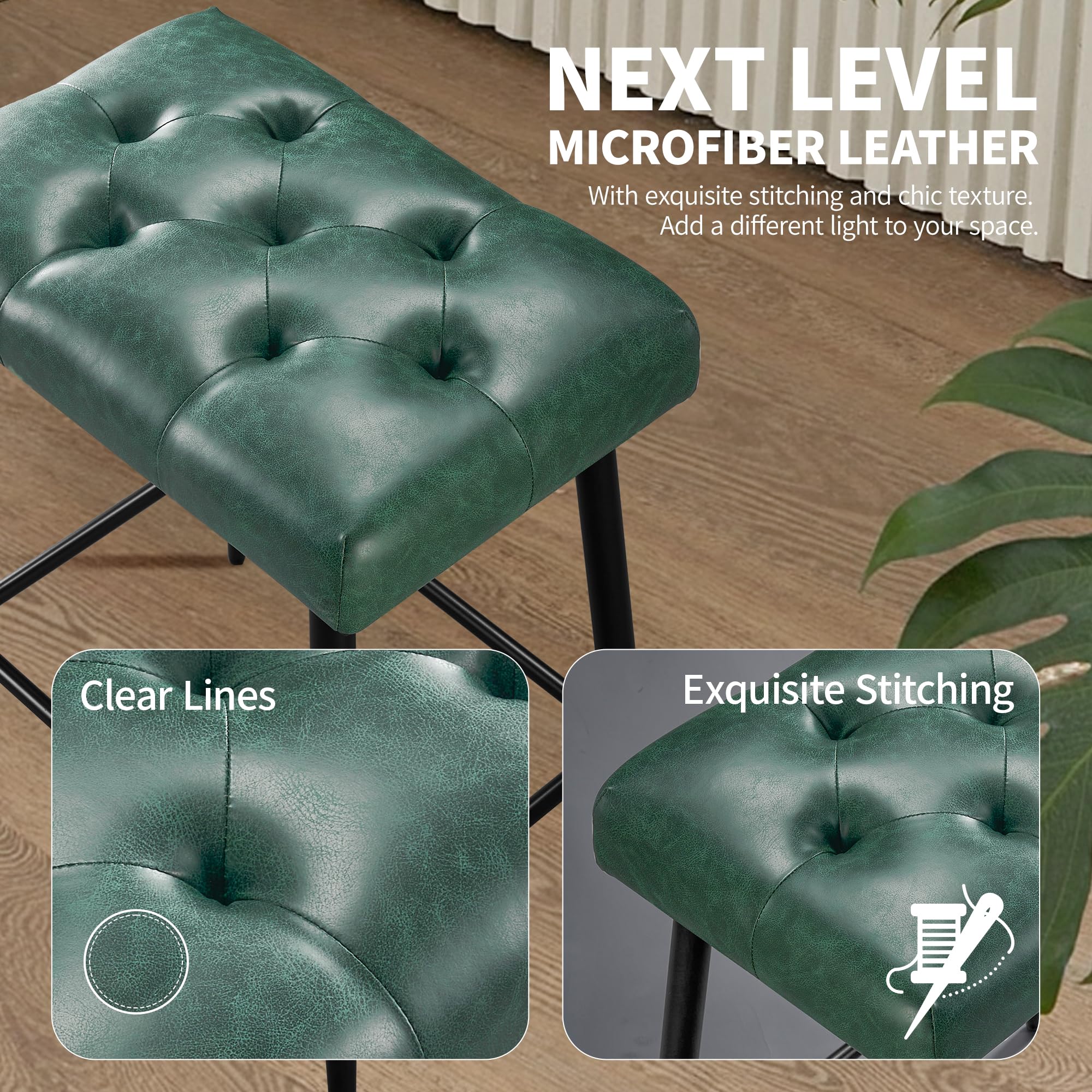 Bar Stools Set of 2, 24 Inch Counter Height Bar Stool for Kitchen Island, Modern Bar Hight Stools with Sturdy Metal Base and Thickened Saddle Cushion, 330Lbs, Green