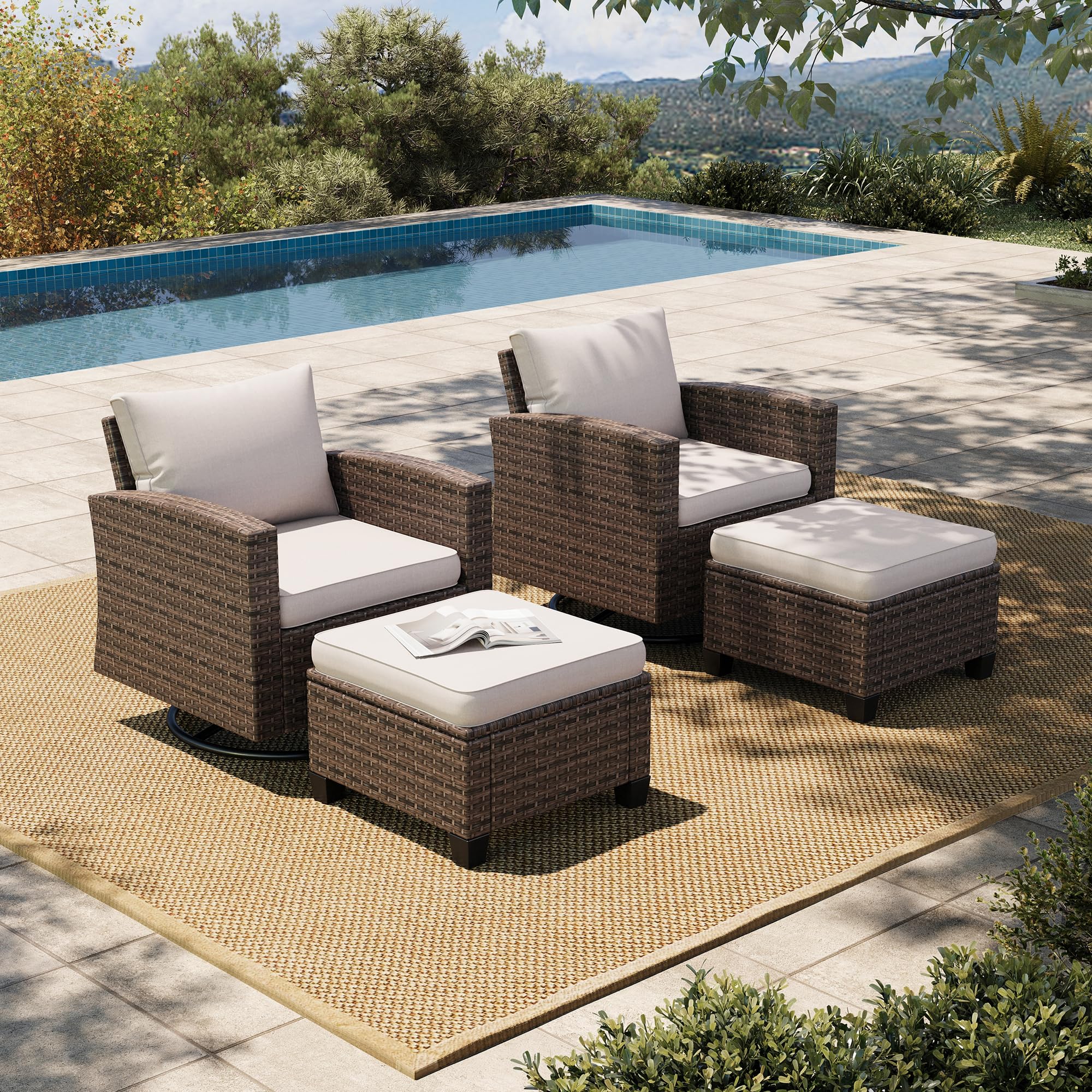 Patio Wicker Chairs Outdoor Swivel Rocker Chairs Set with Ottomans, 4 Piece Outdoor Seating Furniture Conversation Sets for Lawn Deck Porch Pool, Brown/Beige