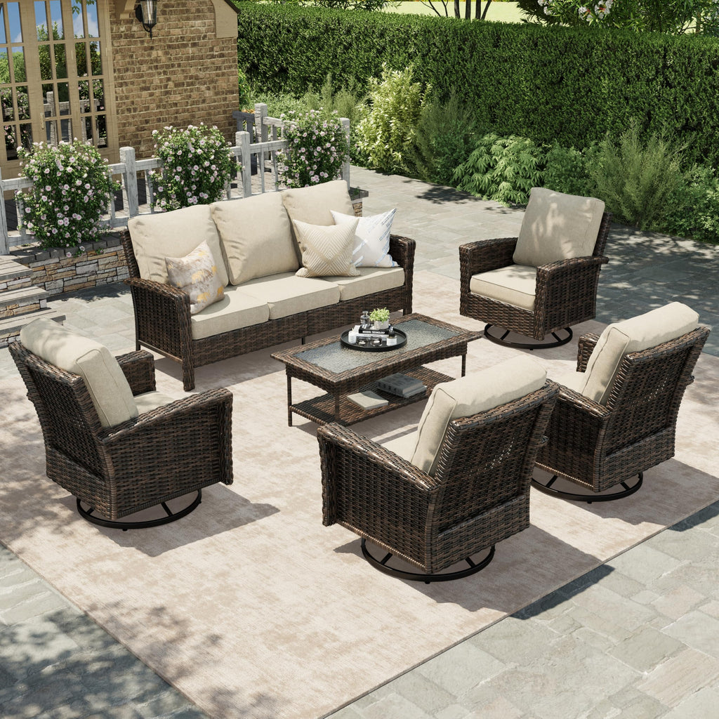 Luxury Patio Furniture Set with 5.5" Thick Cushion, Outdoor Wicker Conversation Set, 4 x High Back Swivel Patio Chairs with Tempered Glass Table, Waterproof 3-Seat Sofa for Deck Lawn Deck Yard, Beige