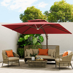 10 X 13 FT Cantilever Outdoor Patio Umbrella with Base Included with Led Lights Large 360° Rotation Double Top Offset Heavy Duty Rectangular Umbrellas for Backyard Outside Deck, Wine Red