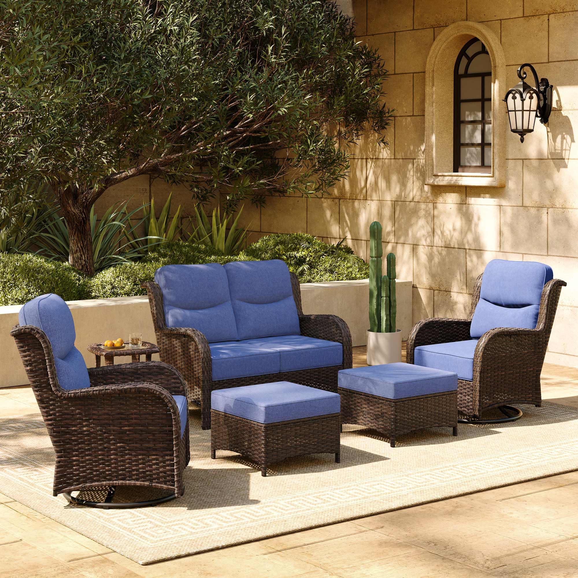 Luxury Patio Furniture Set with 6-inch Thick Cushion, Outdoor Loveseat and High Back Swivel Rocker Patio Chairs, 6PCS Wicker Conversation Set for Deck Yard and Poolside, Blue (V2)