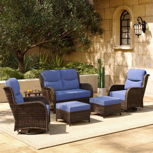 Luxury Patio Furniture Set with 6-inch Thick Cushion, Outdoor Loveseat and High Back Swivel Rocker Patio Chairs, 6PCS Wicker Conversation Set for Deck Yard and Poolside, Blue (V2)