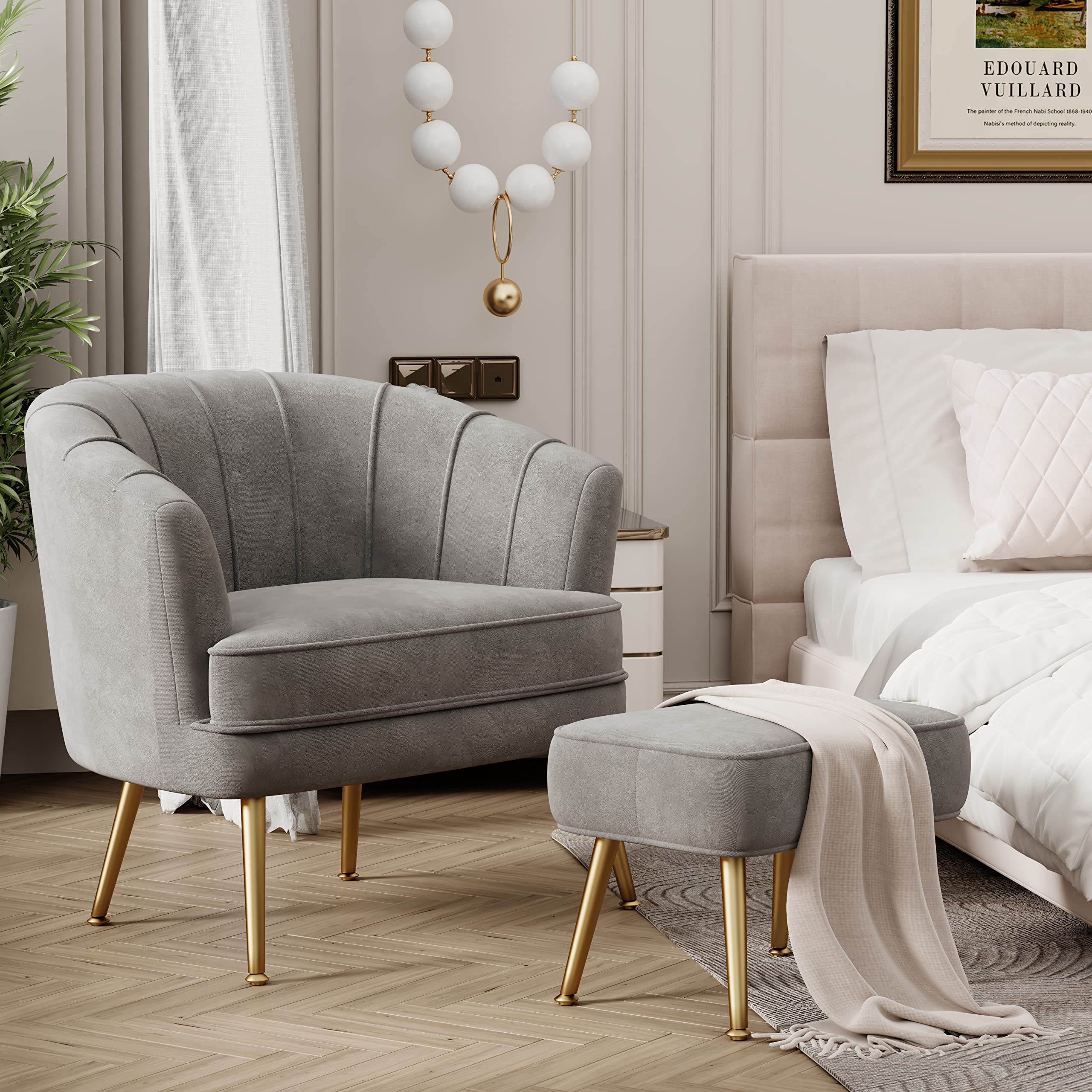 Velvet Accent Chair with Ottoman, Upholstered Modern Single Sofa Side Chair,Comfy Barrel Club Living Room Armchair with Golden Metal Legs for Bedroom Living Reading Room Office, Grey