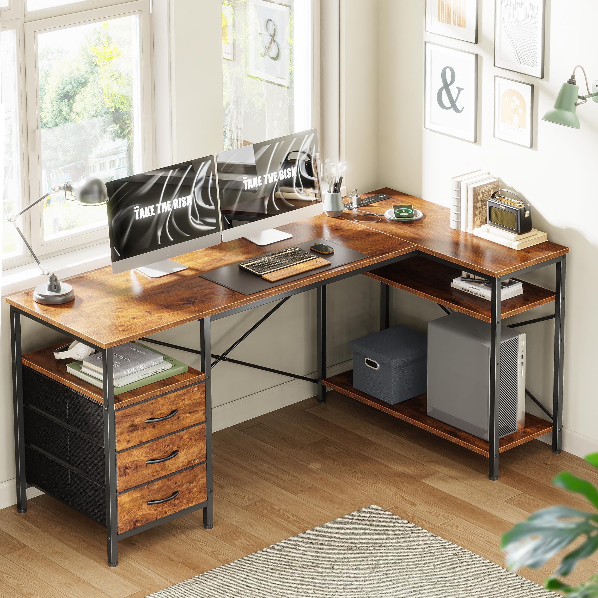 L Shaped Office Desk with Power Outlets, 55 Inch Computer Desk with 3 Drawers, Shelves, Reverisble for Gaming Corner Work Home Office Study, Rustic Brown