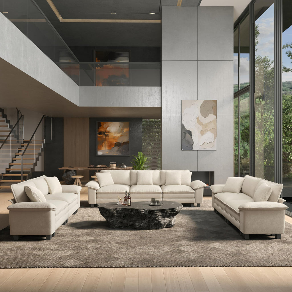 3 Pieces Modular Sectional Sofa Sets, Oversized Couch Set with Loveseats and Armchair, Comfy Cloud Couches with Throw Pillows, 6-Seater Deep Seat Sofa for Living Room, Chenille Beige