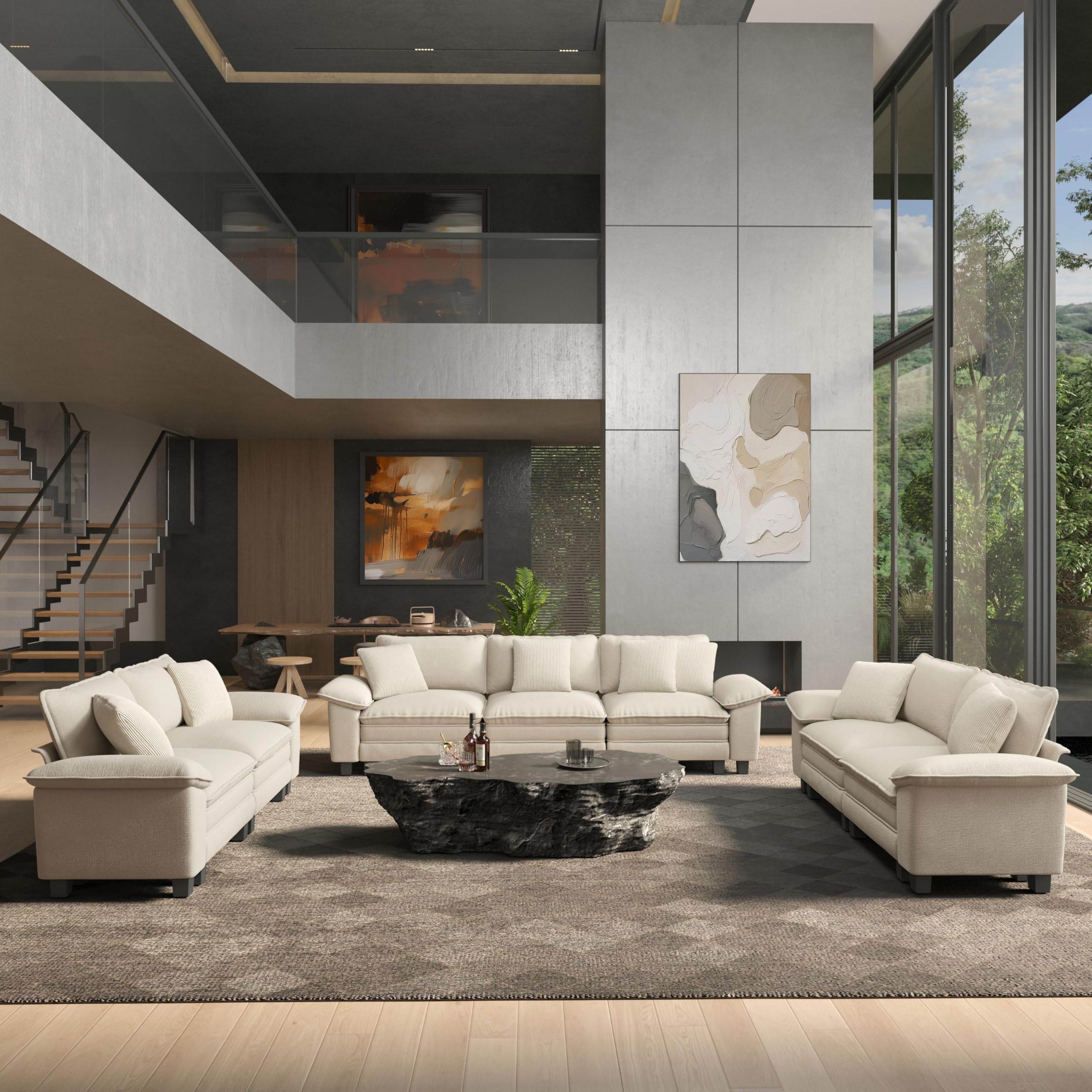 2 Pieces Modular Sectional Sofa Sets, Oversized Couch Set with Loveseats, Comfy Cloud Couches with Throw Pillows, 5-Seater Deep Seat Sofa for Living Room, Chenille Beige