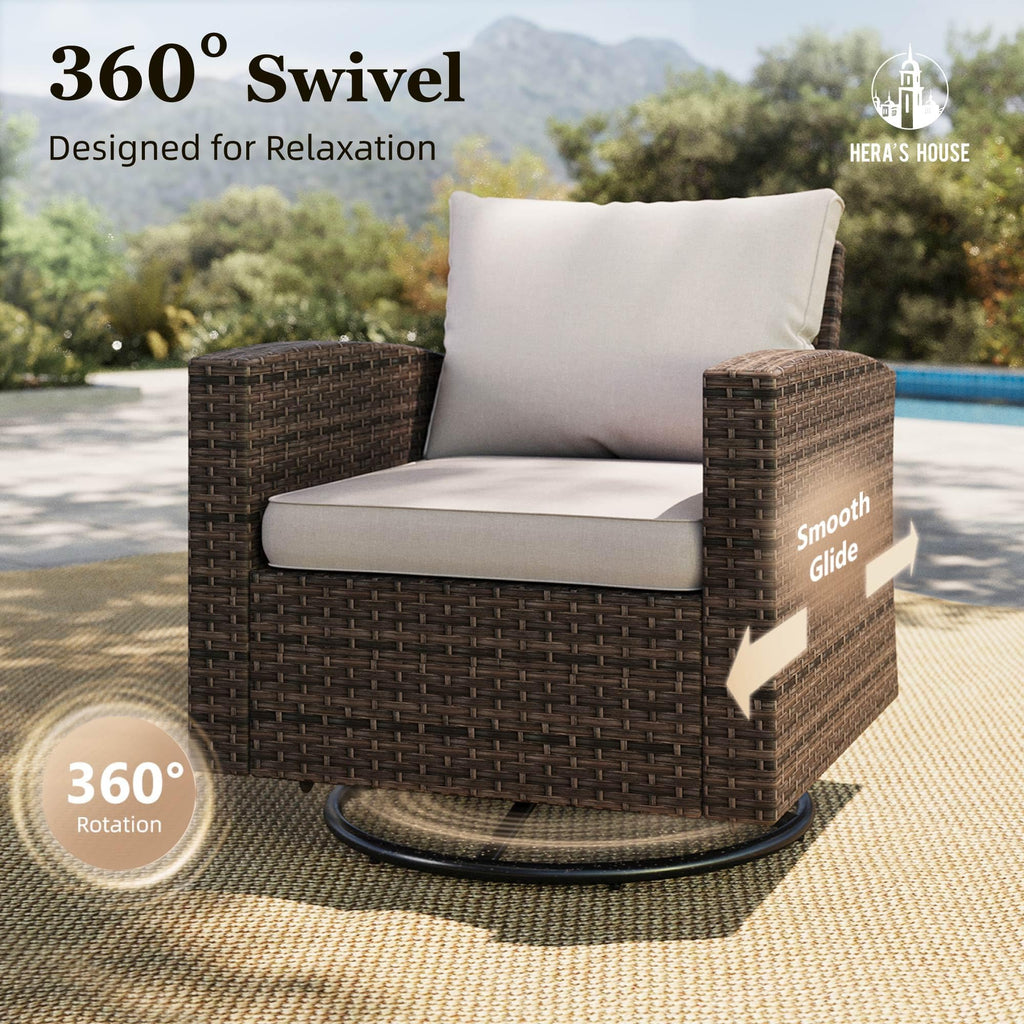 Patio Wicker Chairs Outdoor Swivel Rocker Chairs Set with Ottomans, 4 Piece Outdoor Seating Furniture Conversation Sets for Lawn Deck Porch Pool, Brown/Beige