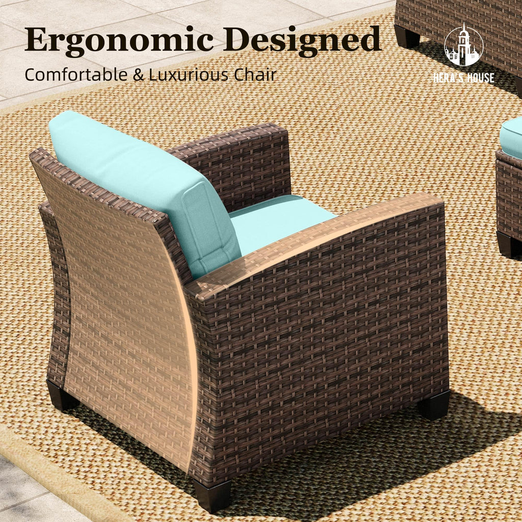 Wicker Patio Furniture Set, Outdoor Sectional Conversation Sets, 6 Pieces 9 Seats Waterproof Deck Backyard Lawn Furniture, Blue