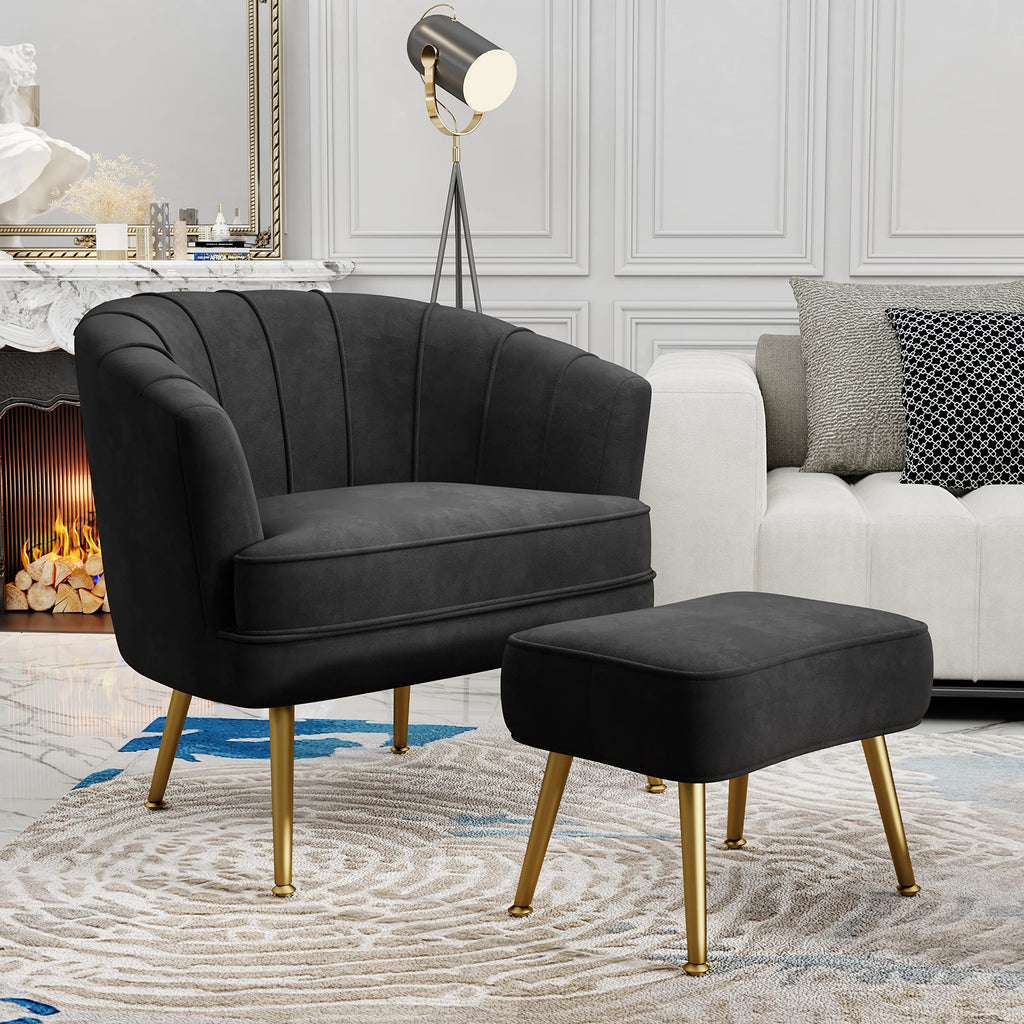 Velvet Accent Chair with Ottoman, Upholstered Modern Single Sofa Side Chair,Comfy Barrel Club Living Room Armchair with Golden Metal Legs for Bedroom Living Reading Room Office, Black