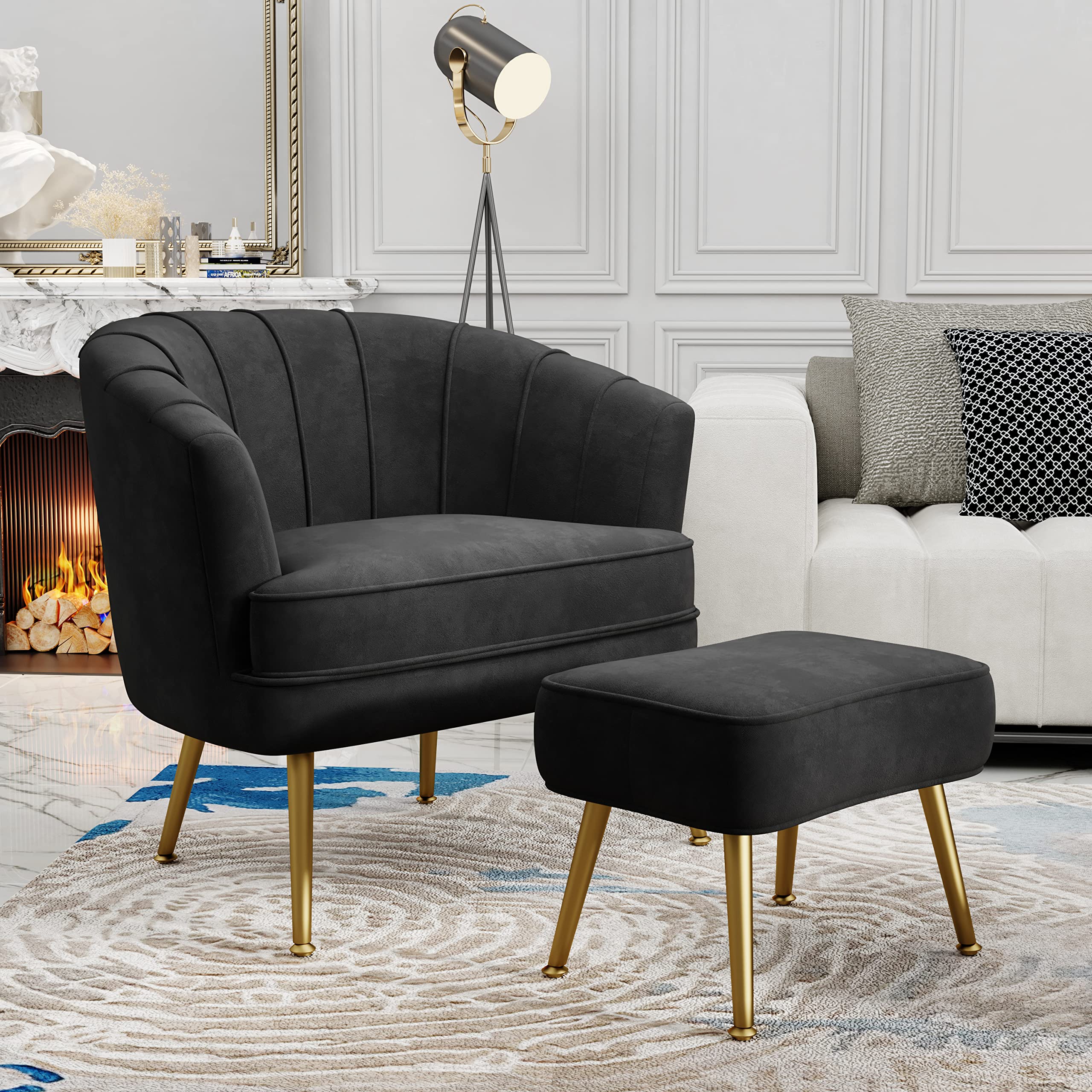 Velvet Accent Chair with Ottoman, Upholstered Modern Single Sofa Side Chair,Comfy Barrel Club Living Room Armchair with Golden Metal Legs for Bedroom Living Reading Room Office, Black