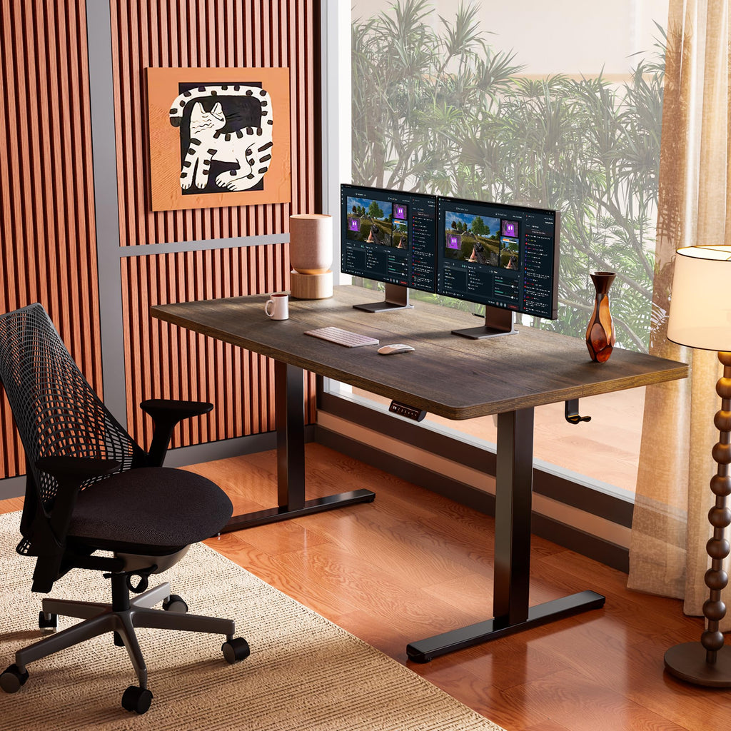 Height Adjustable Electric Standing Desk, 55 x 28 Inches Sit Stand up Desk, Memory Computer Home Office Desk, Dark Walnut