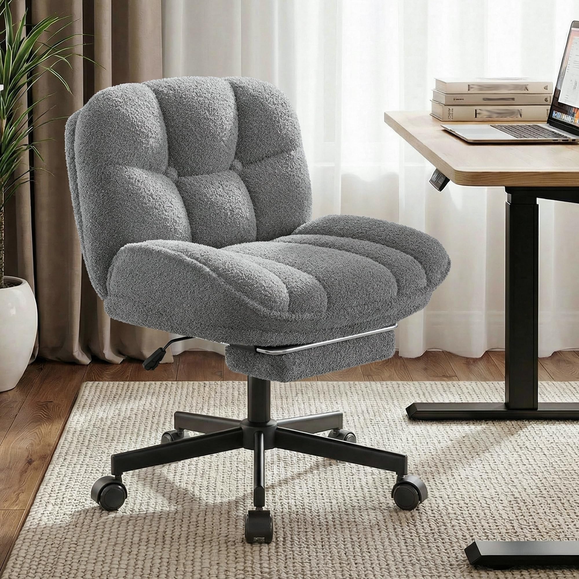 Criss Cross Office Chair with Foot Rest, 26.77" Wide Cross Legged Office Chair with 7" Thick Backrest, Height Adjustable & 360°Swivel, Desk Chair for All-Day Comfort (Misty Gray)