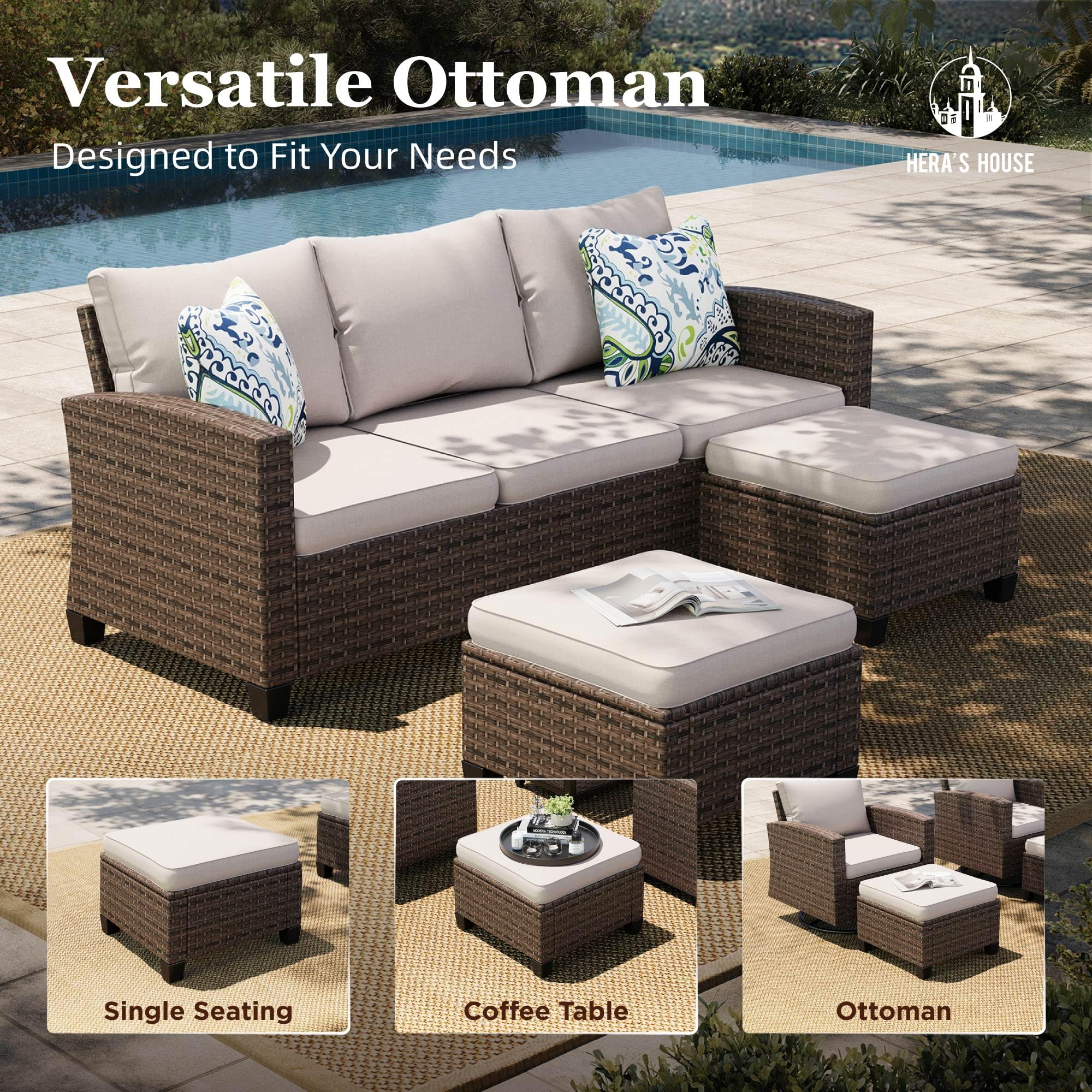 Swivel Glider Patio Furniture Set, 7 Pieces Wicker Outdoor Seating Furniture, Patio Conversation Sofa Sets for Lawn Backyard Deck, Beige