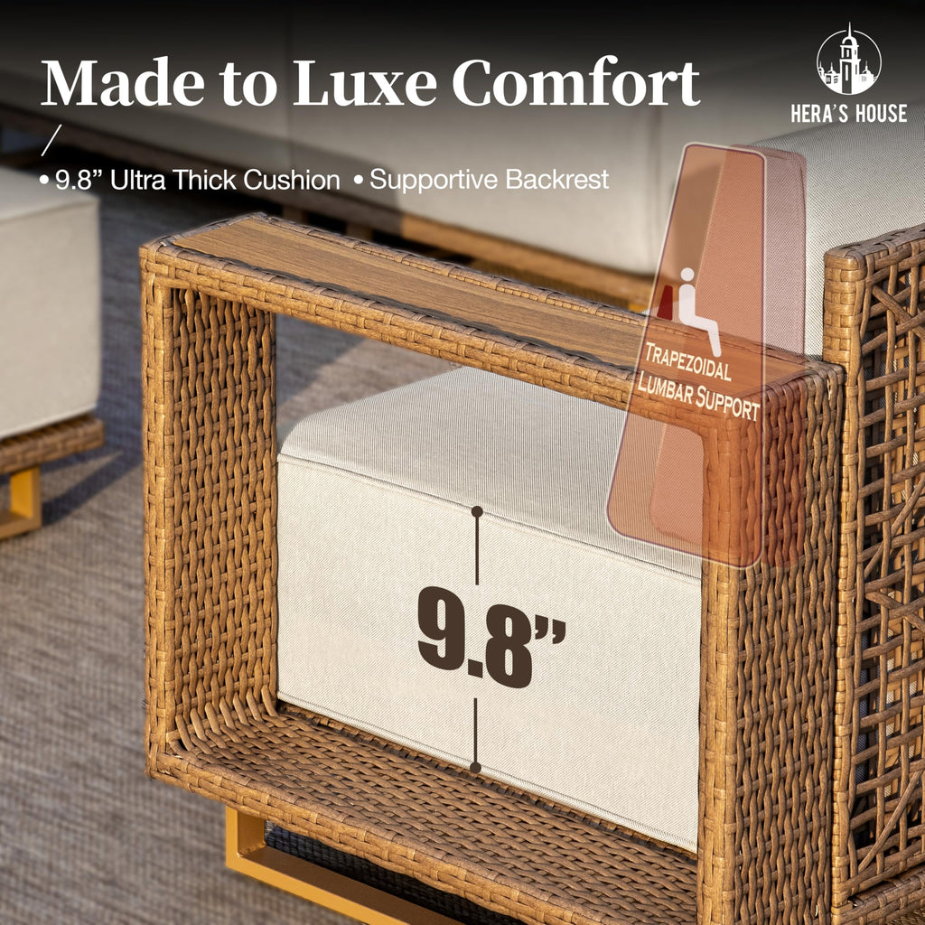 6 Pieces Outdoor Rattan Furniture Set, 4 Sectional Patio Wicker Sofa with 2 Ottomans, All Weather Patio Conversation Set with 5.3" Comfy Widened Armrest, 10" Ultra Thick Cushion for Deck