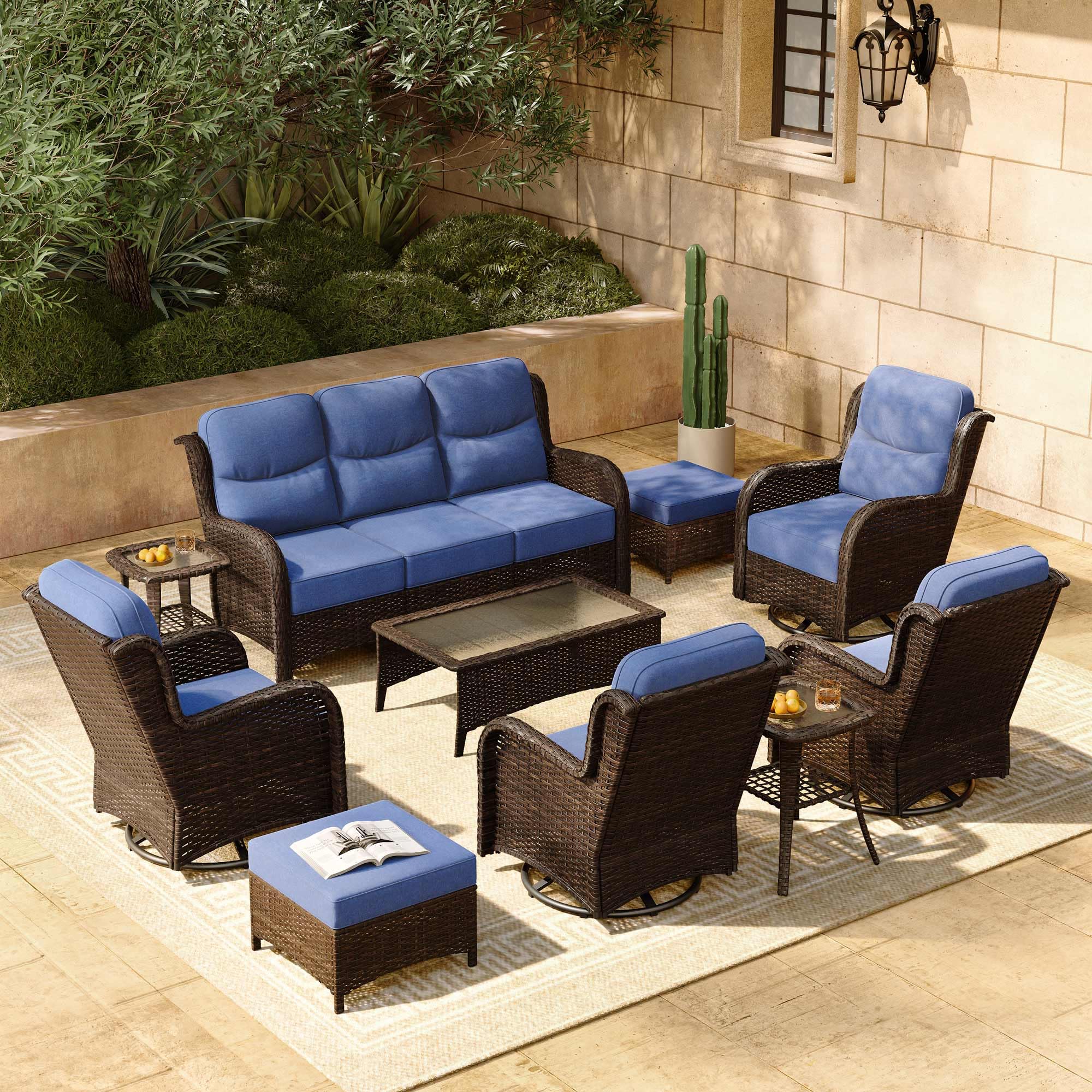 Luxury Patio Furniture Set with 6-inch Thick Cushion, Outdoor Couch and High Back Swivel Rocker Patio Chairs, 10PCS Wicker Conversation Set for Deck Yard and Poolside, Blue (V2)