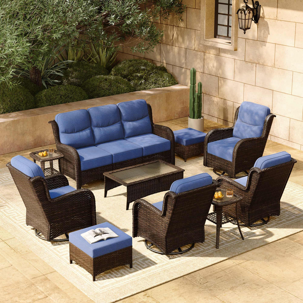 Luxury Patio Furniture Set with 6-inch Thick Cushion, Outdoor Couch and High Back Swivel Rocker Patio Chairs, 10PCS Wicker Conversation Set for Deck Yard and Poolside, Blue (V2)