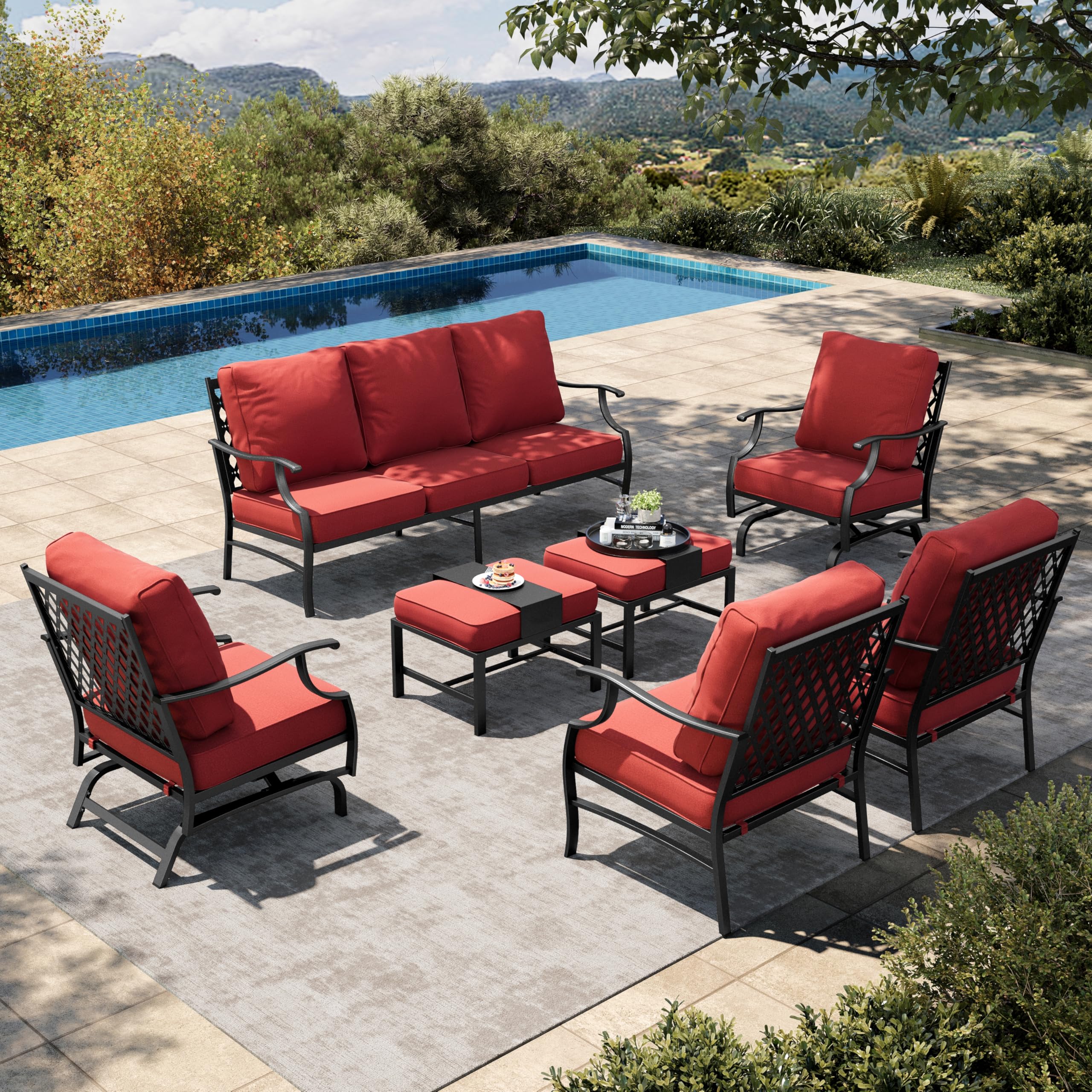 7 Piece Patio Furniture Set, 2 x Rocking Chair, 2 x Fixed Chair, 2 x Ottoman, 1 x 3-Seat Sofa, All Cushioned 9 Seats Metal Outdoor Conversation Set for Lawn Garden Backyard