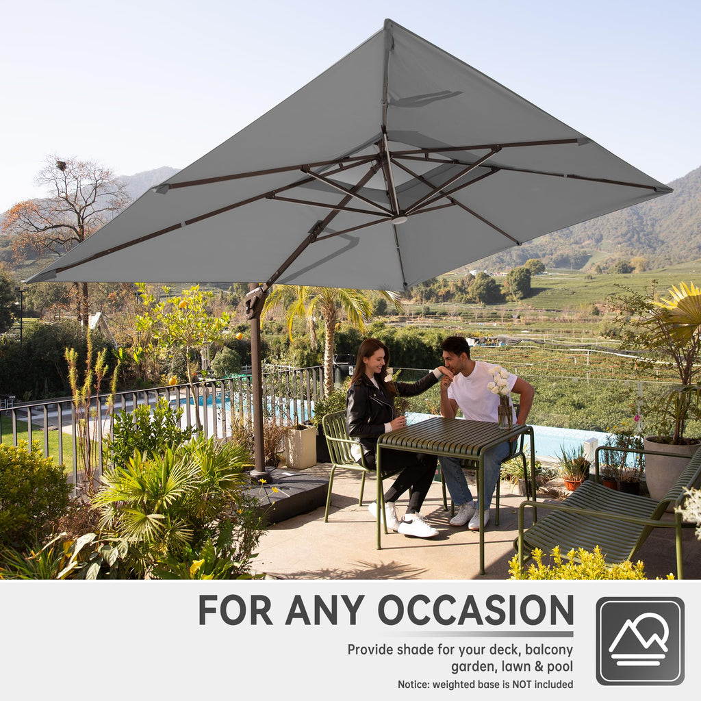 10 X 13 FT Cantilever Outdoor Patio Umbrella with Base Included Large Heavy Duty 360° Rotation Double Top Offset Rectangular Umbrellas with Led Lights for Backyard Outside Deck,Grey