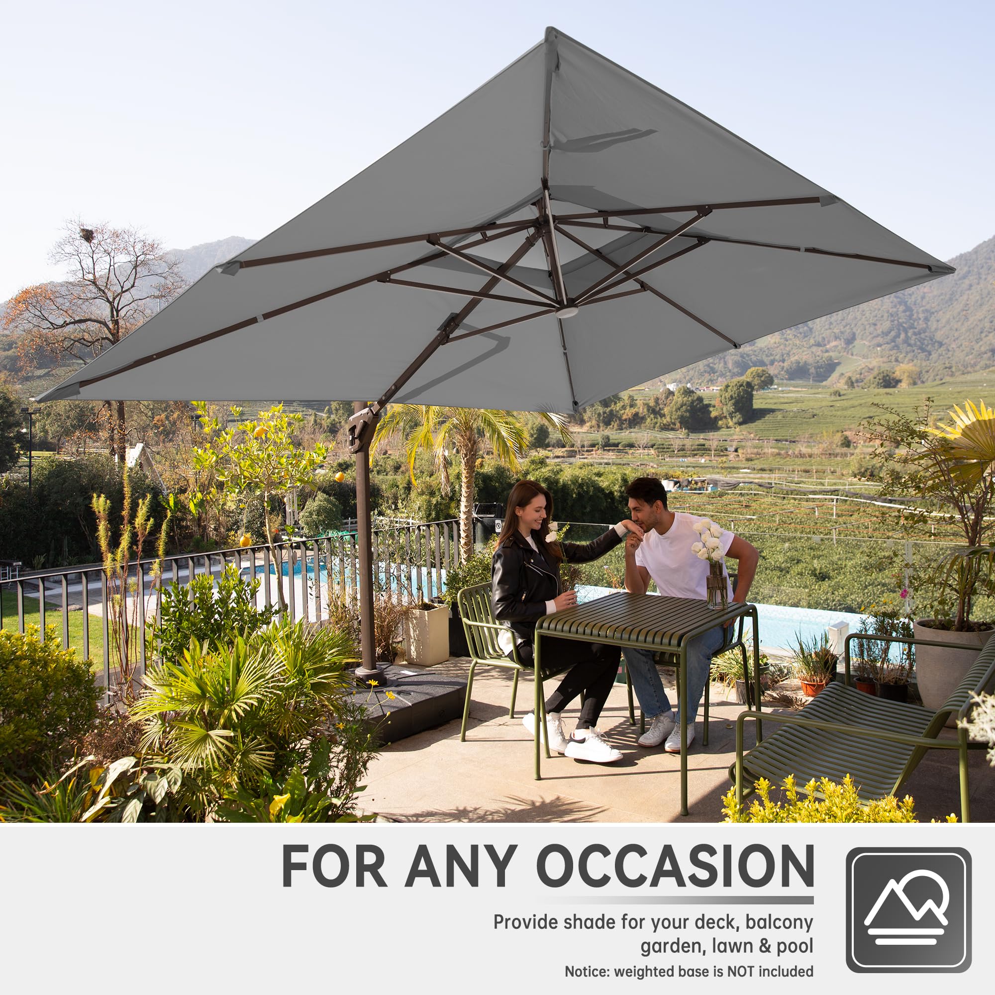10 X 13 FT Cantilever Outdoor Patio Umbrella with Base Included Large Heavy Duty 360° Rotation Double Top Offset Rectangular Umbrellas with Led Lights for Backyard Outside Deck,Grey