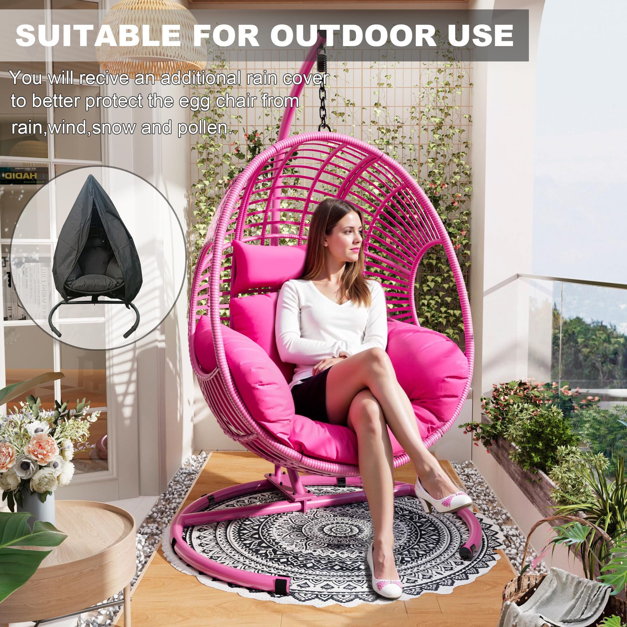 Oversized Hanging Egg Chair Outdoor Indoor, Wicker Swing Egg Chair with Stand 400lbs Capacity for Bedroom, Patio, Garden and Balcony (Pink-Regular, Oversize)