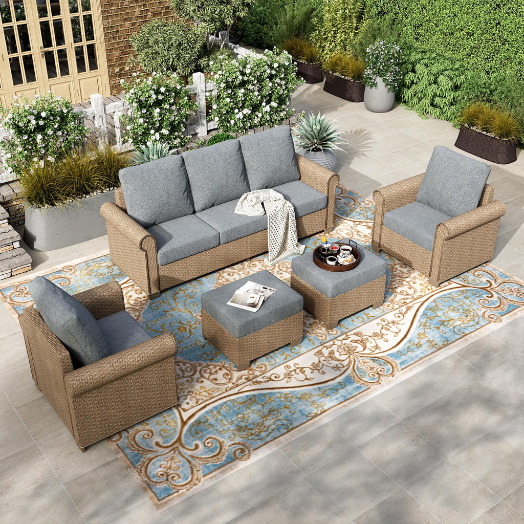 5-Piece Patio Furniture Set, All Weather 7 Seats Outdoor Wicker Sofa with Ottomans, Rattan Patio Conversation Set with 5.5" Thick Cushions and 44” Coffee Table, Grey