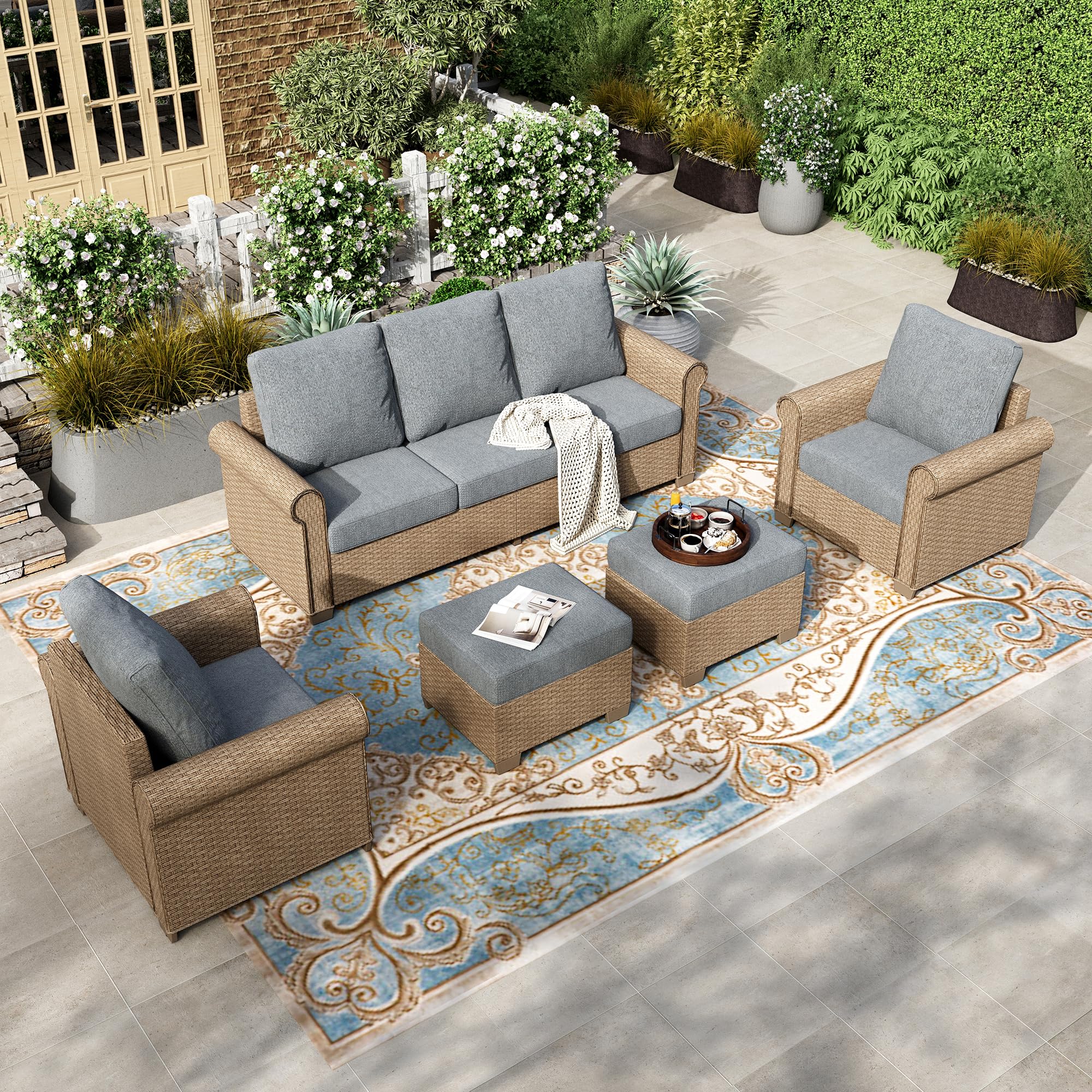 5-Piece Patio Furniture Set, All Weather 7 Seats Outdoor Wicker Sofa with Ottomans, Rattan Patio Conversation Set with 5.5" Thick Cushions and 44” Coffee Table, Grey