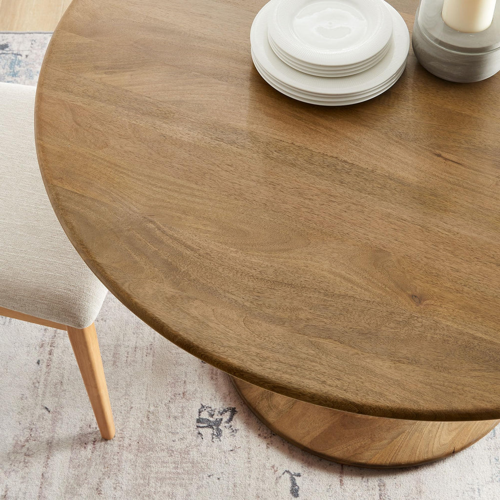 48 Inch Round Wood Dining Table in Natural – Solid Mango Wood Tabletop with Pedestal Base - Mid Century Modern Dining Room Furniture - Kitchen Table for 4-6 Person