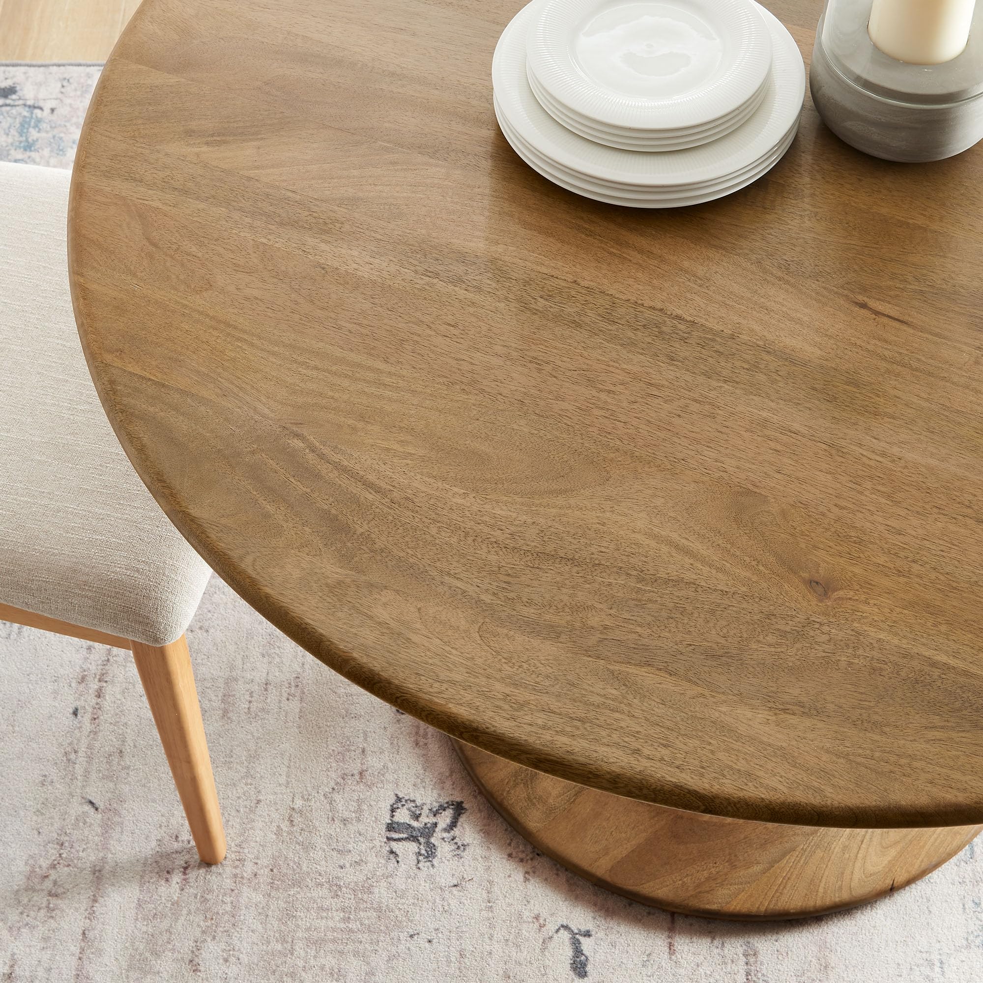48 Inch Round Wood Dining Table in Natural – Solid Mango Wood Tabletop with Pedestal Base - Mid Century Modern Dining Room Furniture - Kitchen Table for 4-6 Person