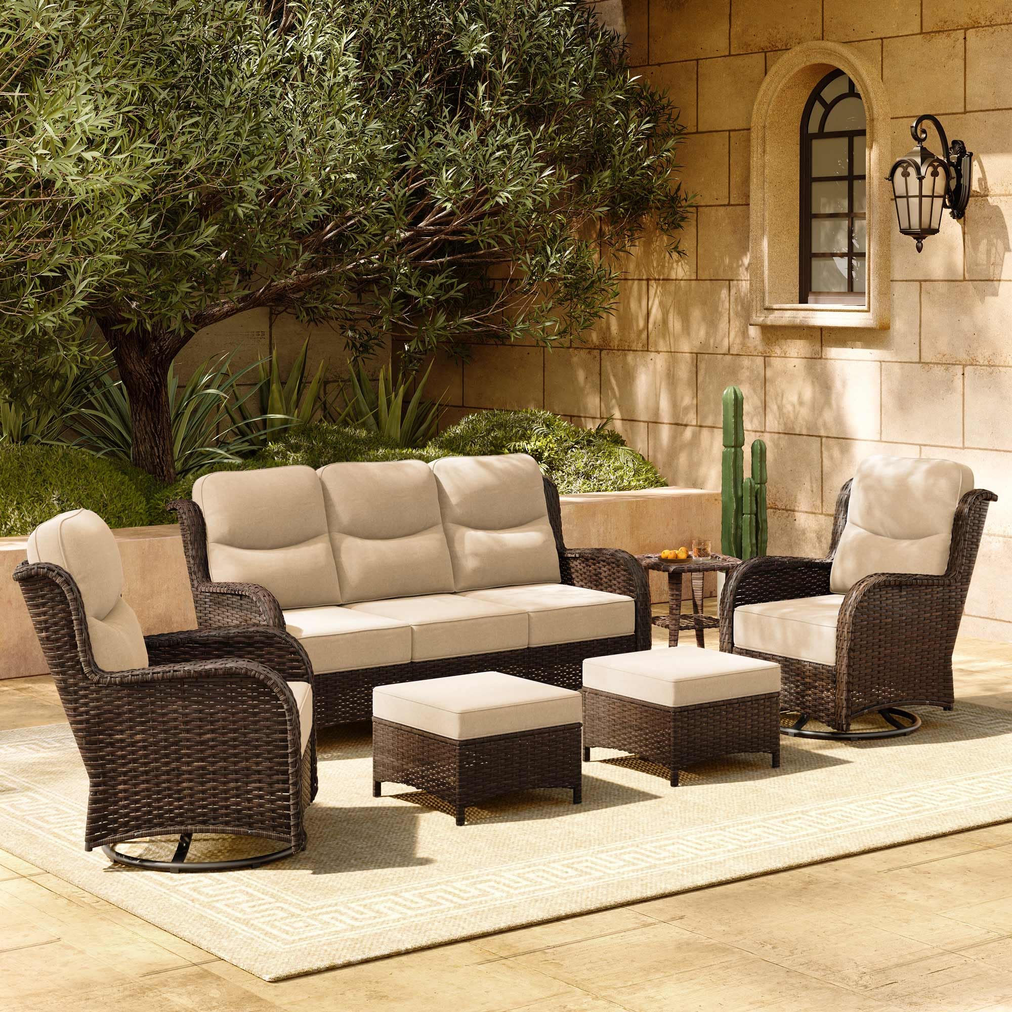 Luxury Patio Furniture Set with 6-inch Thick Cushion, Outdoor Couch and High Back Swivel Rocker Patio Chairs, 6PCS Wicker Conversation Set for Deck Yard and Poolside, Beige (V2)