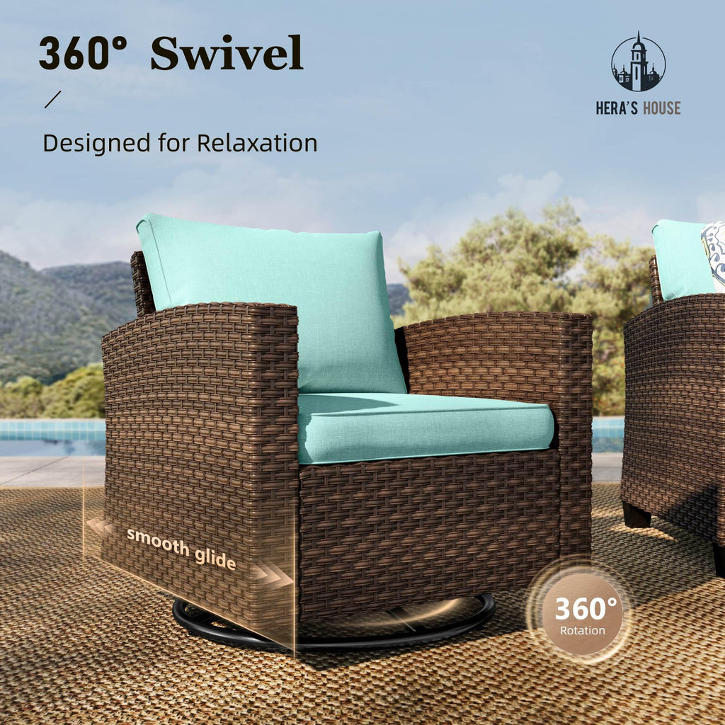 Patio Furniture Set with Swivel Glide Chairs, 5 Pieces Outdoor Conversation Sofa Sets, Deep Seating Brown Wicker Rattan Furniture Set for Lawn Deck Backyard, Blue