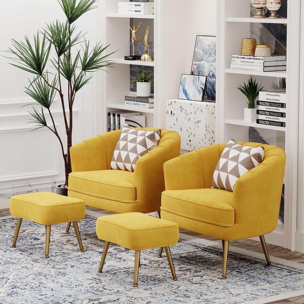 Velvet Accent Chair with Ottoman, Upholstered Modern Single Sofa Side Chair,Comfy Barrel Club Living Room Armchair with Golden Metal Legs for Bedroom Living Reading Room Office, Yellow