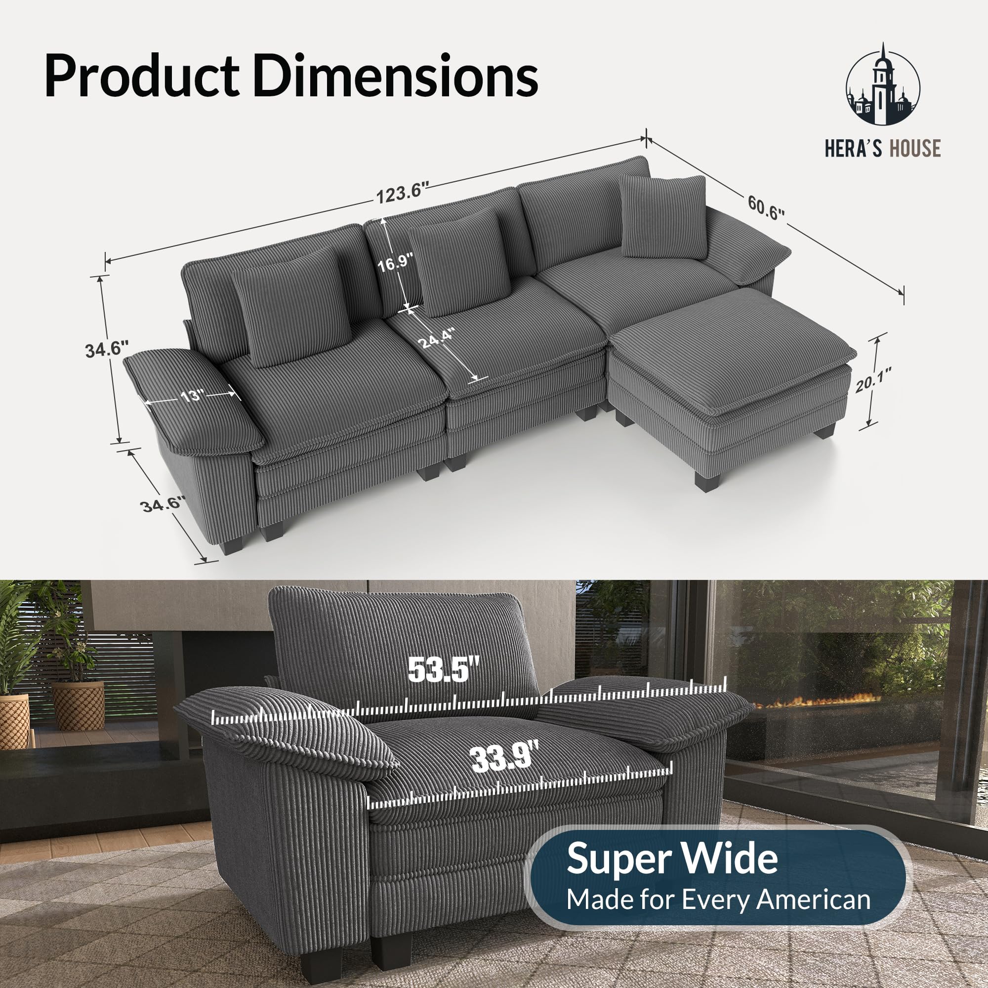 124" Modular Sectional Sofa, Oversized L Shaped Couches for Living Room, Comfy Cloud Couch with Ottoman, 4-Seater Deep Seat Sofa with Throw Pillow, Corduroy Grey