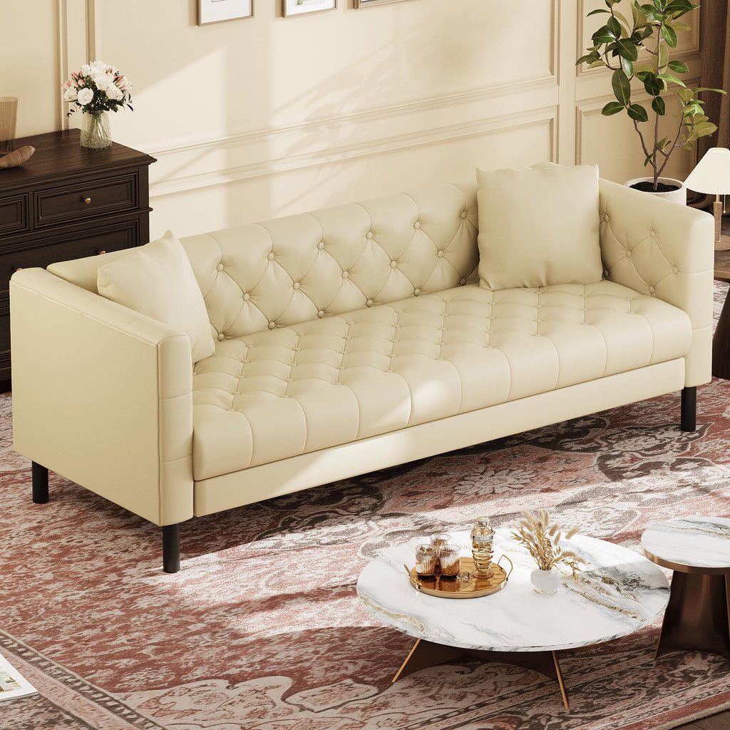 81 in Leather Couch for Living Room, Modern Sofa Couch with Deep Seat, Handmade Button Tufted 3 Seater Sofa, Leather Sofa for Apartment, Office, Cream White