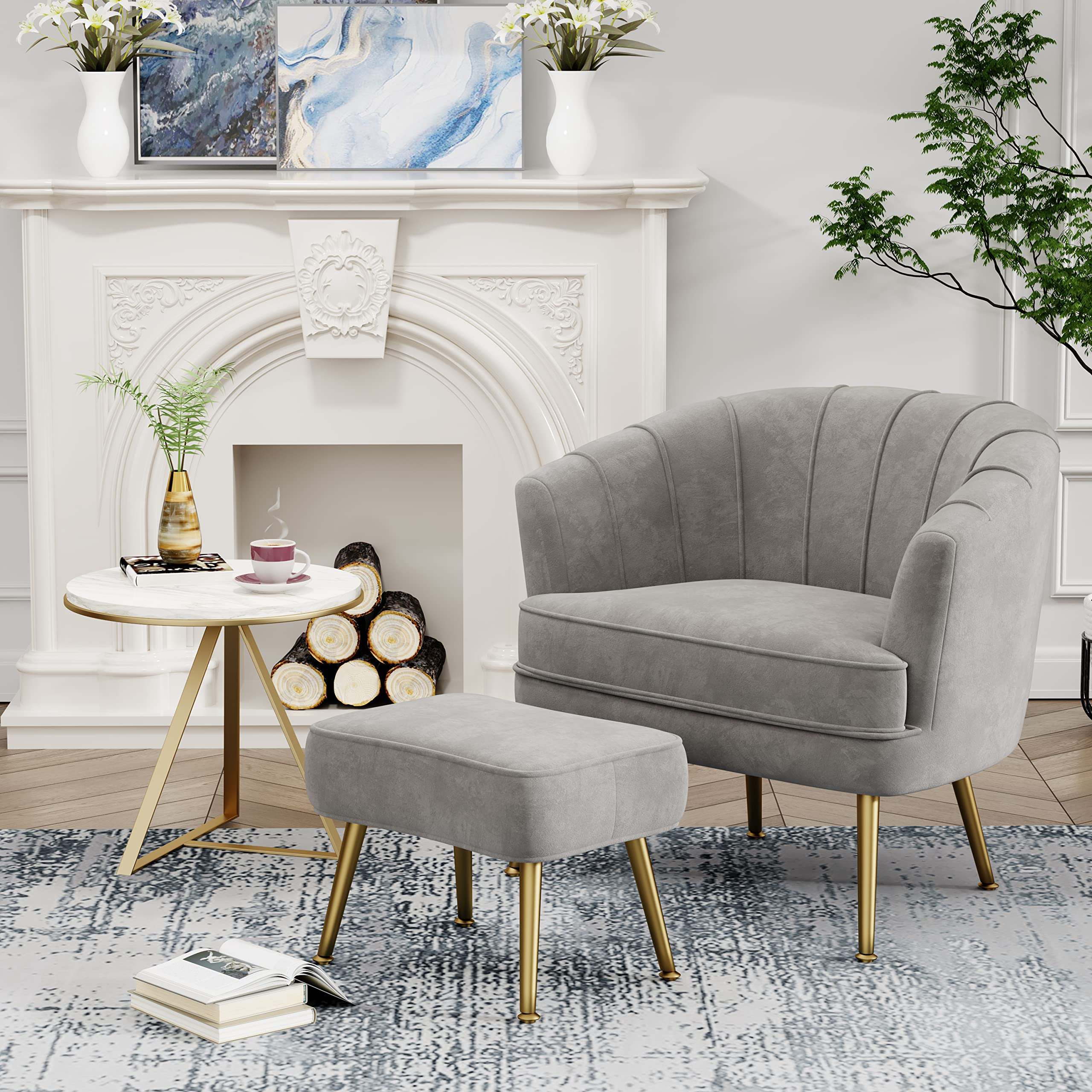 Velvet Accent Chair with Ottoman, Upholstered Modern Single Sofa Side Chair,Comfy Barrel Club Living Room Armchair with Golden Metal Legs for Bedroom Living Reading Room Office, Grey