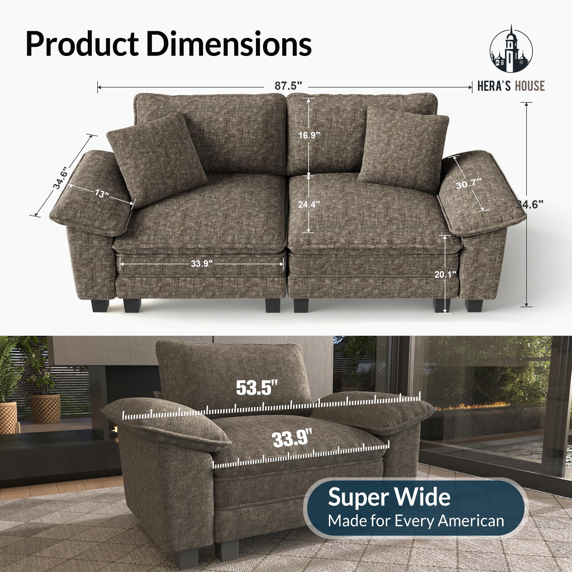 88" Modular Sectional Sofa, Loveseat Couches for Living Room, Comfy Cloud Couch 2-Seater Deep Seat Sofa with Throw Pillow, Chenille Ash