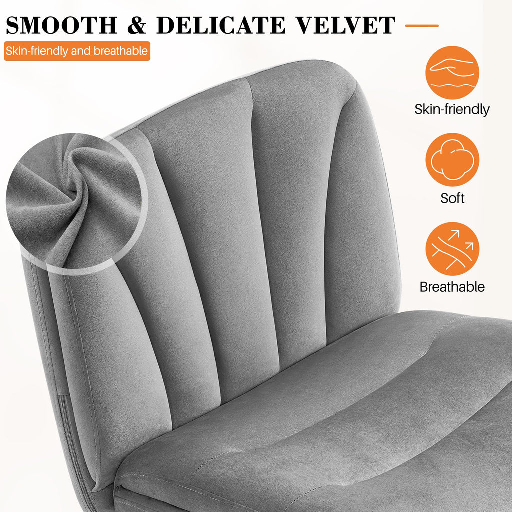 Criss Cross Chair with Wheels, Cross Legged Office Chair, Armless Wide Vanity Desk Chair with 2 Layer Comfty Velvet & Back - Swivel for Home Office Bedroom, Velvet Gray