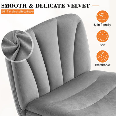 Criss Cross Chair with Wheels, Cross Legged Office Chair, Armless Wide Vanity Desk Chair with 2 Layer Comfty Velvet & Back - Swivel for Home Office Bedroom, Velvet Gray