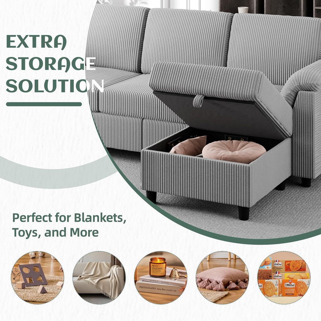 Convertible Sectional Couches Sofa, 3 Seat L Shaped Sofa with Removable Pillows Soft Corduroy Fabric Small Couch Mid Century for Living Room, Bed Room, Apartment and Office (Light Grey)