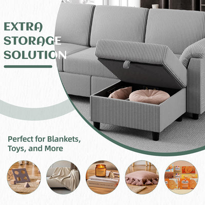 Convertible Sectional Couches Sofa, 3 Seat L Shaped Sofa with Removable Pillows Soft Corduroy Fabric Small Couch Mid Century for Living Room, Bed Room, Apartment and Office (Light Grey)