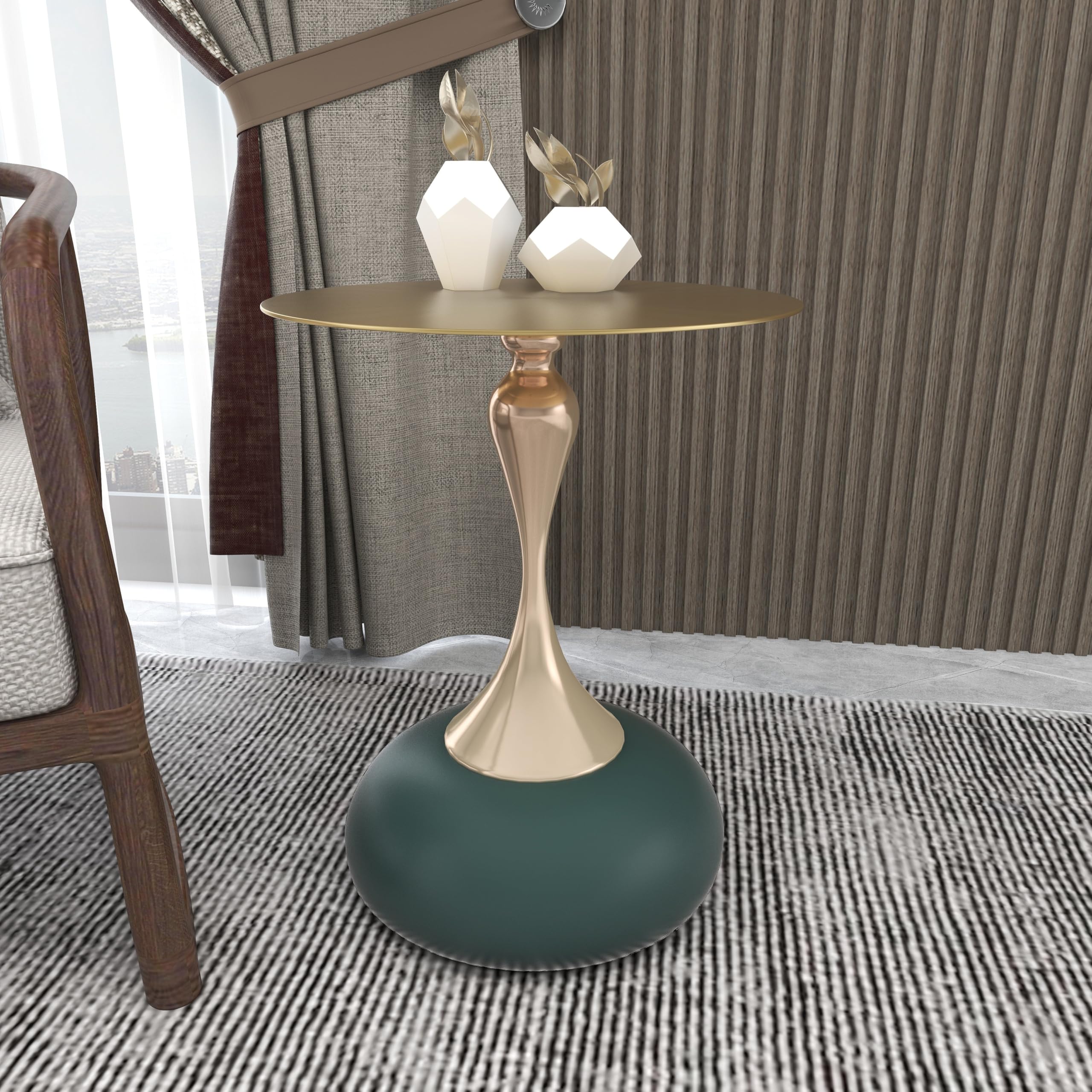 Modern Round Side Table with Gold Stainless Steel Top, Gold Pedestal Stem & Glossy Base, Accent End Table for Living Room, Bedroom, or Small Spaces, 17.7" × 21.6", Green