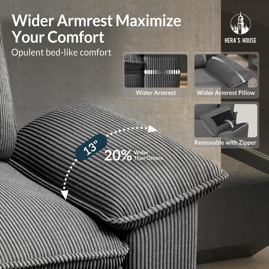 88" Modular Sectional Sofa, L Shaped Couches for Living Room, Comfy Cloud Couch with Ottoman, 3-Seater Deep Seat Sofa with Throw Pillow, Corduroy Grey