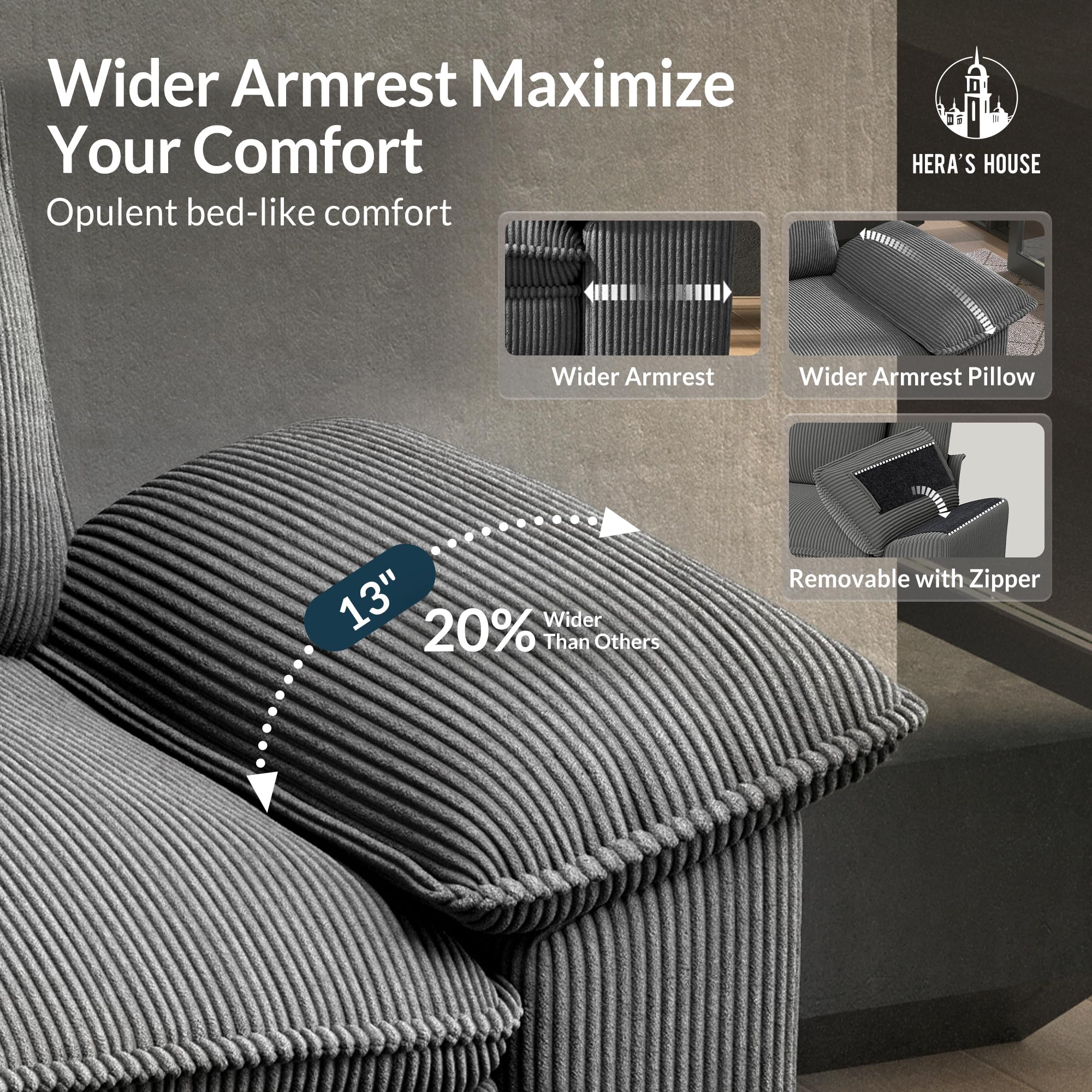 158" Modular Sectional Sofa, Oversized Couches for Living Room, Comfy Cloud Couch 4-Seater Deep Seat Sofa with Throw Pillow, Corduroy Grey