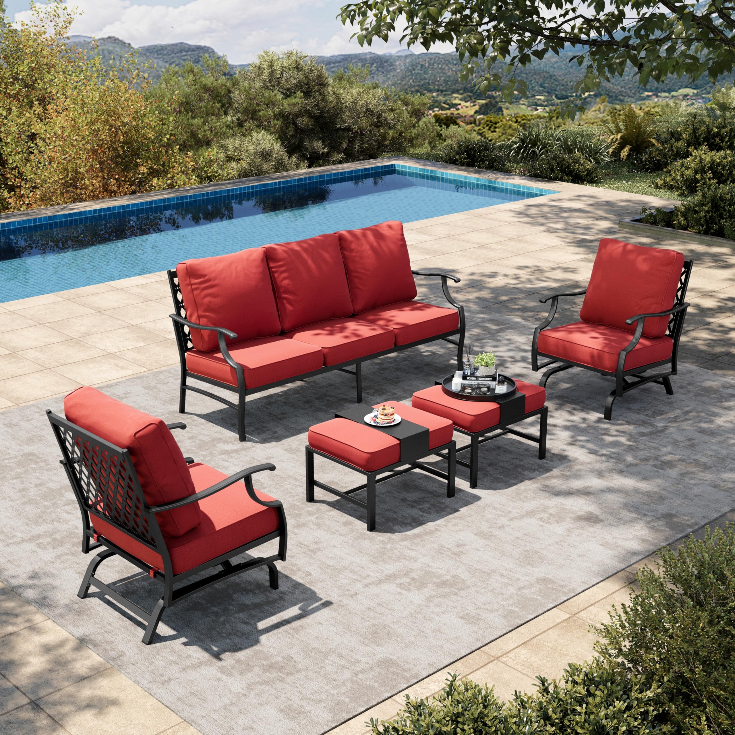 5 Pieces Patio Furniture Set, 2 x Rocking Chair, 2 x Ottoman, 1 x 3-Seat Sofa, All Cushioned 7 Seats Metal Outdoor Conversation Set for Lawn Garden Backyard