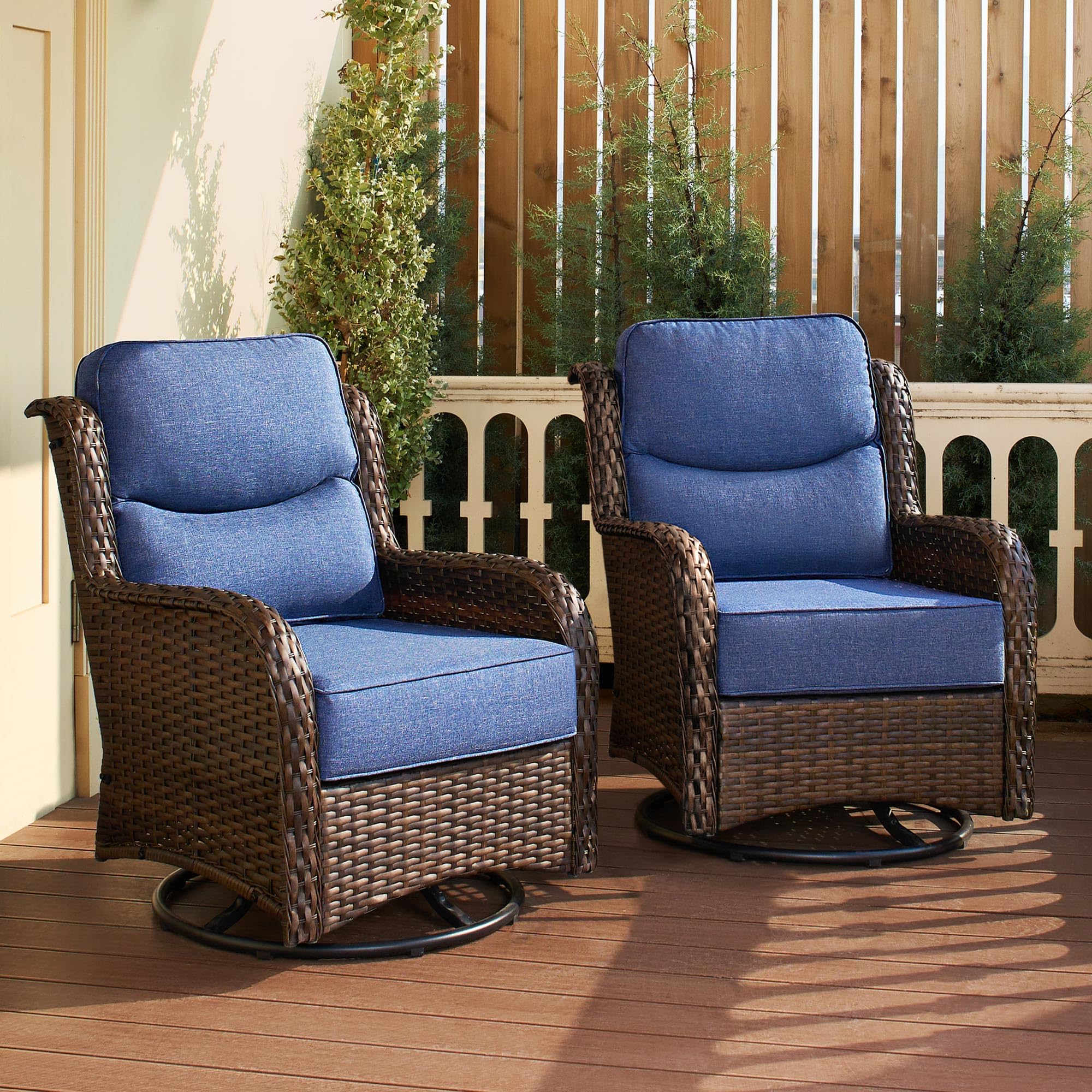 Luxury Patio Furniture Set with 6-inch Thick Cushion, Outdoor High Back Swivel Rocker Patio Chairs, 2PCS Wicker Conversation Set for Deck Yard and Poolside, Blue (V2)