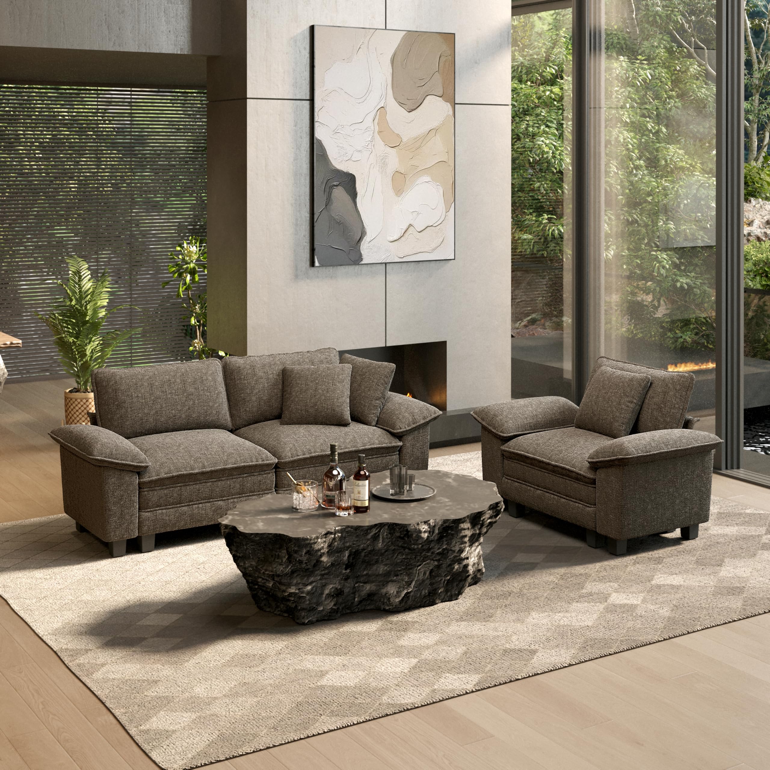 2 Pieces Modular Sectional Sofa Sets, Oversized Couch Set with Loveseat and Armchair, Comfy Cloud Couches with Throw Pillows, 3-Seater Deep Seat Sofa for Living Room, Chenille Ash