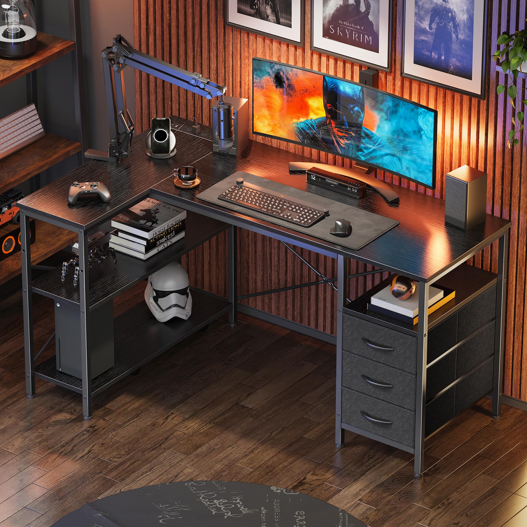 L Shaped Office Desk with Power Outlets, 47 Inch Computer Desk with 3 Drawers, Shelves, for Gaming, Corner Work, Home Office, Study, Black