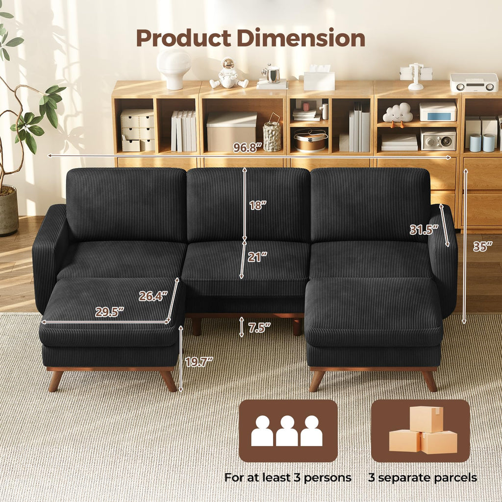 97" Modular Sectional Sofa Black, U-Shaped Couch with Movable Ottoman, Comfy Corduroy Couch with Spring Cushion, Modular Sofa with Deep Seat for Living Room, Bedroom and Apartment