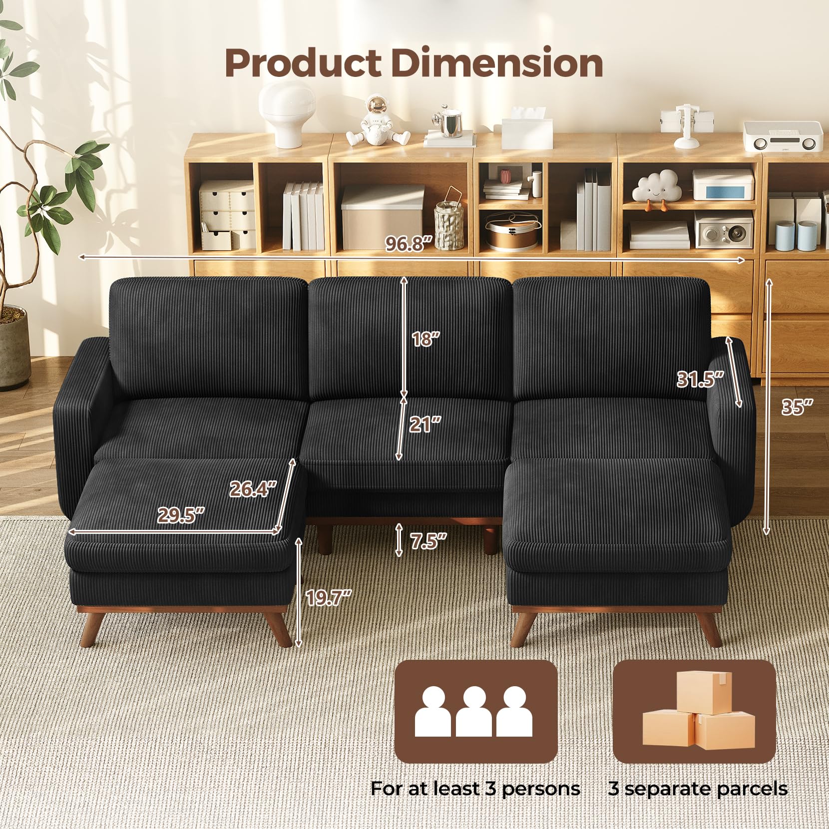 97" Modular Sectional Sofa Black, U-Shaped Couch with Movable Ottoman, Comfy Corduroy Couch with Spring Cushion, Modular Sofa with Deep Seat for Living Room, Bedroom and Apartment