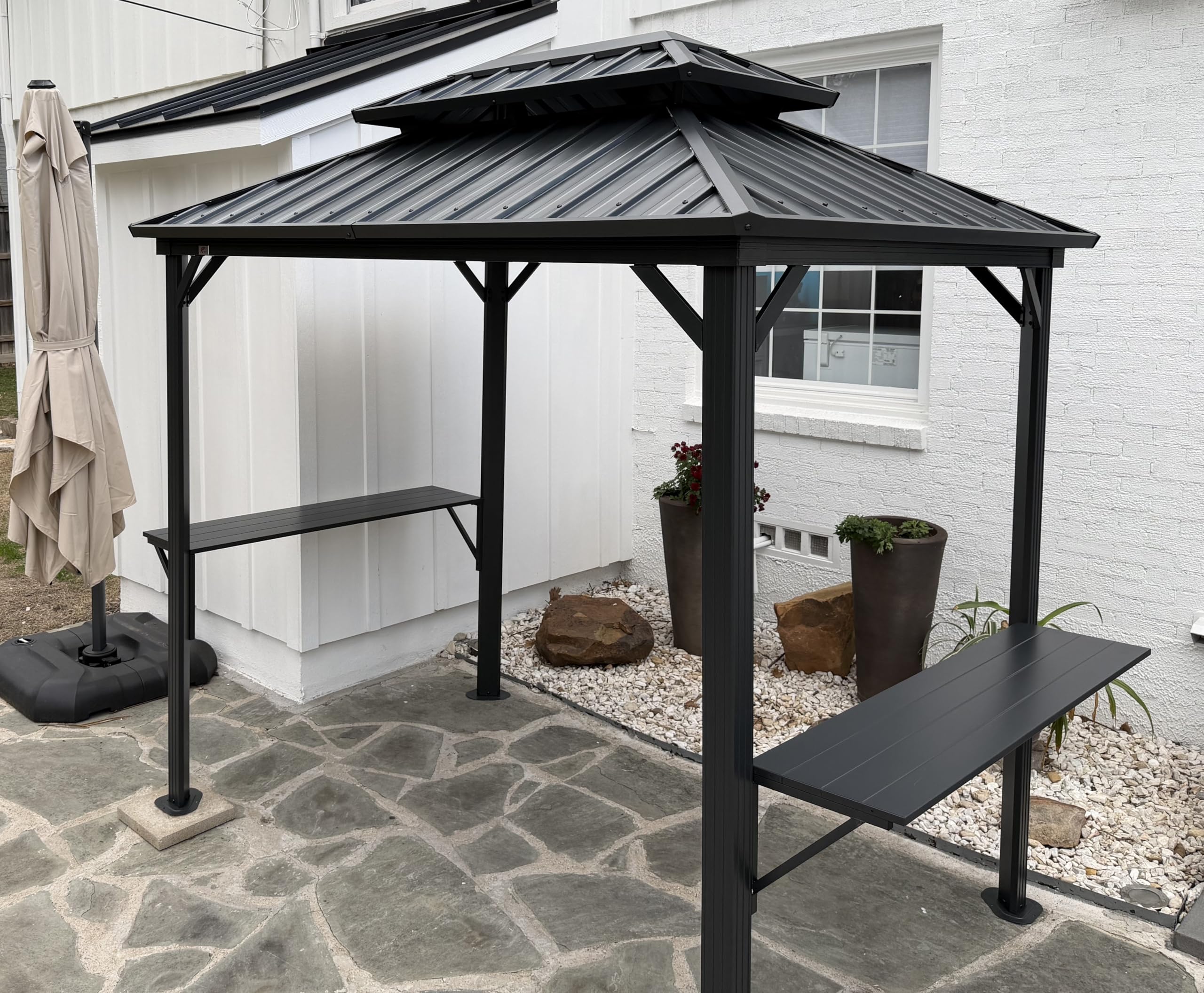 6' X 8' Hardtop Grill Gazebo for Patio Permanent Aluminum Barbeque Shelter Canopy with Ceiling Hook and Shelves Double Tiered Grey Outdoor BBQ Gazebo