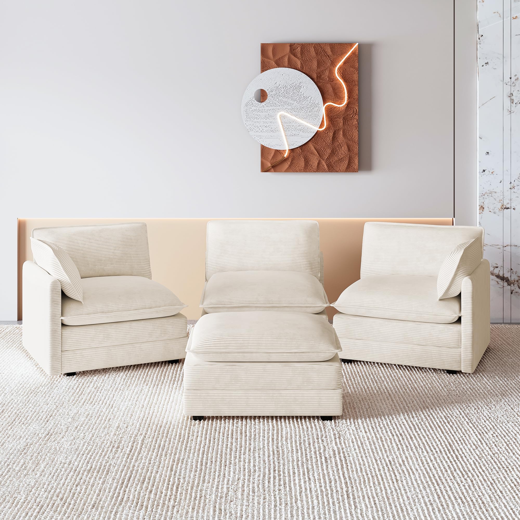 112'' Oversized Modular Sectional Cloud Couch with Movable Ottoman, 4 Seat Modern Corduroy Sofa, Deep Seat L Shaped Couch for Living Room Bedroom Apartment, Cream